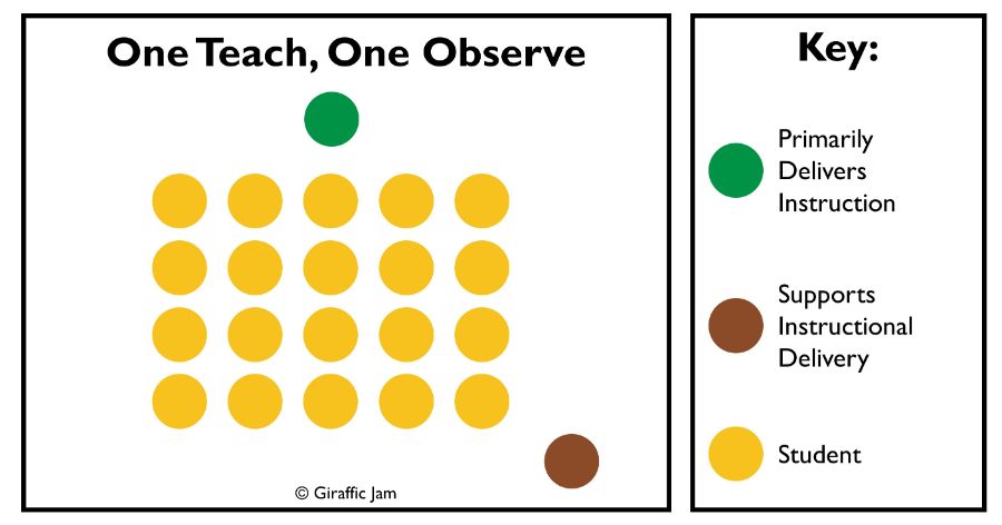 A set of 20 dots being instructed by one red dot at the front of the room while one blue dot observes from the back of the room - One Teach, One observe