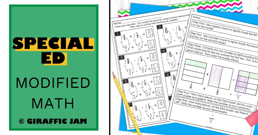 Modified math worksheets, green overlay with black text, special ed modified math