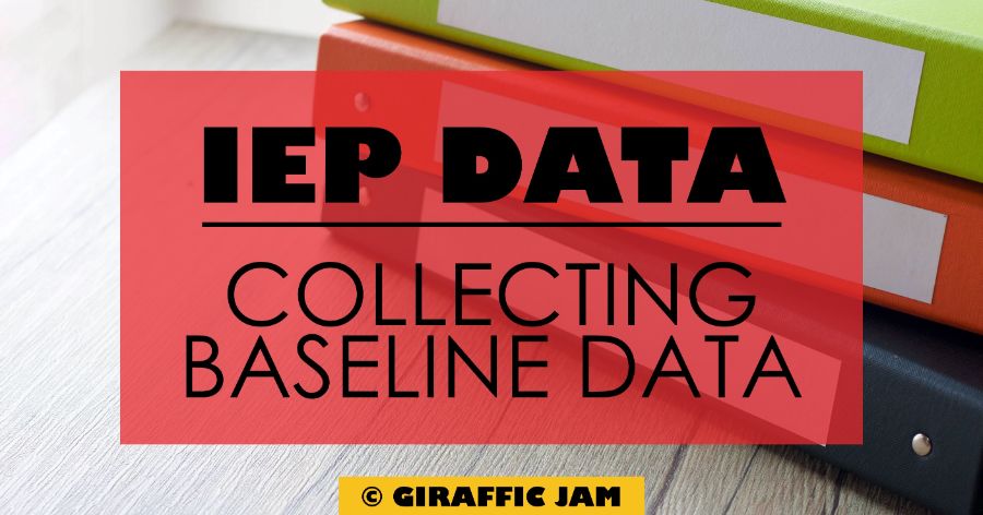 Stack of binders with red overlay and black text, IEP Data collecting Baseline data