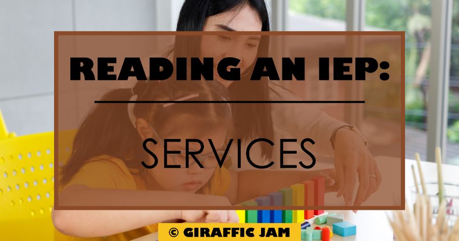 Child and teacher working with yellow overlay and black text "reading an IEP services"