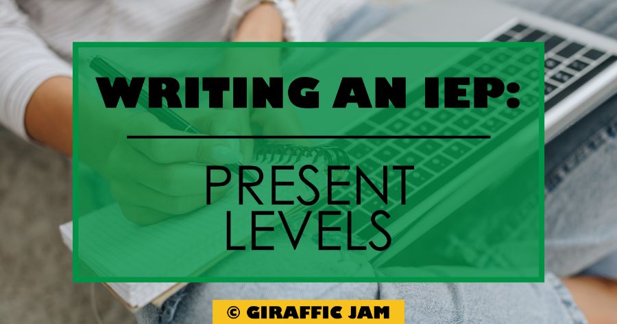 Black text on green overlay: Writing an IEP Present Levels on picture of woman typing on keyboard