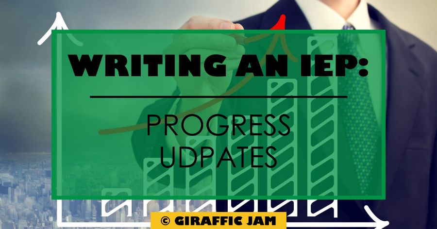 Black text on green overlay: Writing an IEP Progress Updates on picture of man drawing a graph