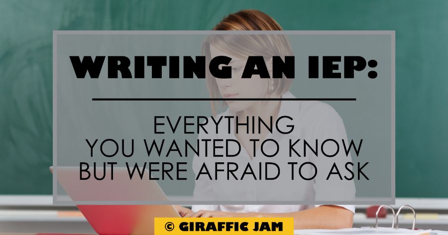 Black text on yellow overlay: Writing an IEP everything you wanted to know but were afraid to ask on picture of woman typing on keyboard